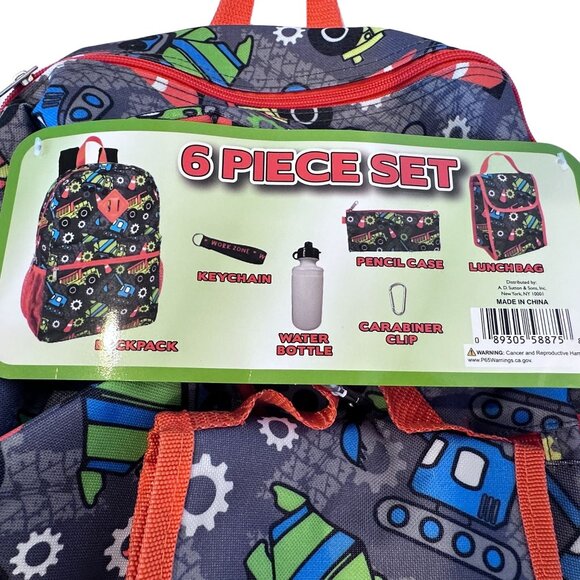 Backpack 6-Piece Construction Trucks Water Bottle Pen‎ Case Lunch Bag NEW *READ* - Picture 2 of 15